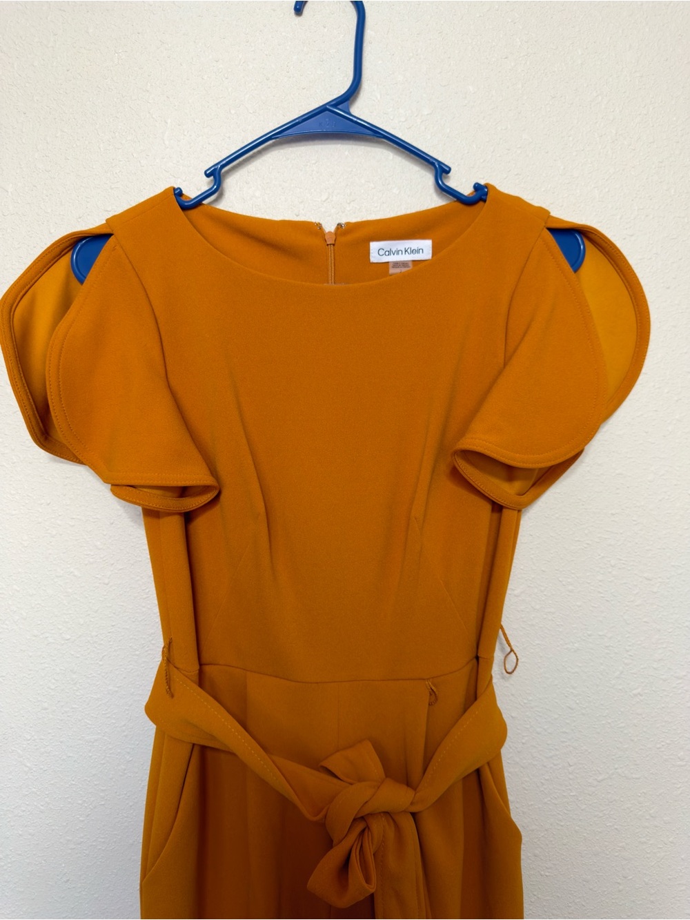 Calvin Klein Mustard Jumpsuit with Tie Waist and Flutter Sleeves